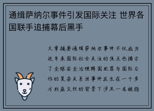 通缉萨纳尔事件引发国际关注 世界各国联手追捕幕后黑手